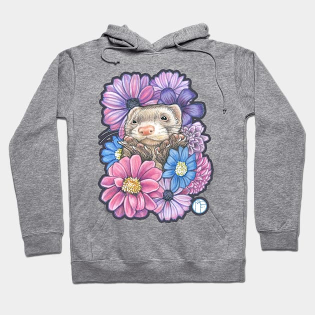 Ferret And Flowers - Charcoal Outline Hoodie by Nat Ewert Art